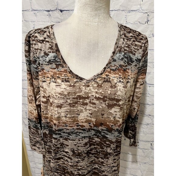 Coldwater Creek Brown Print V Neck Lined Cotton Blend Blouse Size 1X - Picture 2 of 7